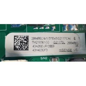 MAIN FUENTE ((COMBO)) PARA TV HISENSE FHD ((ROKU TV)) / NUMERO DE PARTE 299485 / TPD.RT2821T.PB752 / 299486 / 43A35EUR / PANEL JHD425X1F71-T0L1 / DISPLAY HV430FHB-F90 / MODELO 43H4030F3